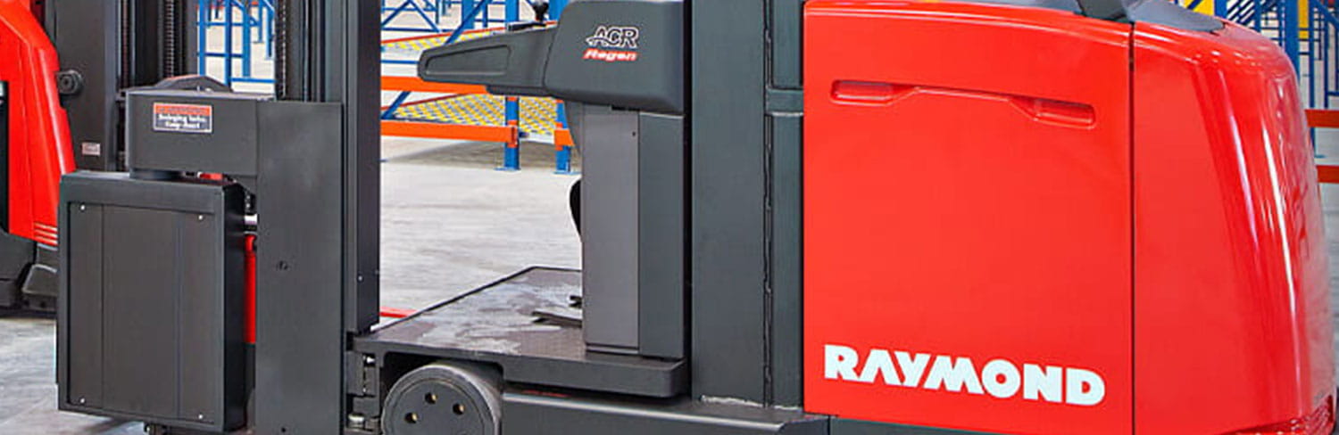 Photo of red Raymond Corp forklifts
