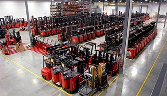 Photo of a fleet of Raymond equipment in a warehouse