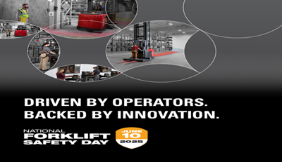 Banner showing warehouse forklift operators and smart warehouse technology with the message “Driven by Operators. Backed by Innovation” for National Forklift Safety Day, June 10, 2025.