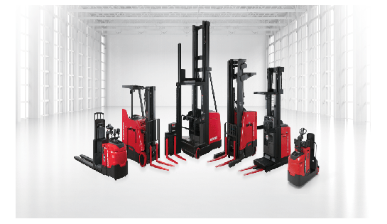 Lineup of Raymond forklift trucks in a bright warehouse, offered by Werres Corporation for material handling solutions