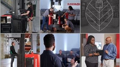 Werres team members using Raymond lift trucks and ergonomic equipment in warehouse training and safety sessions.