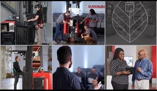 Werres team members using Raymond lift trucks and ergonomic equipment in warehouse training and safety sessions.