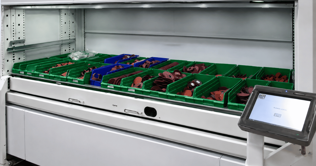 Modula Vertical Lift Module storing inventory in high-density trays for efficient warehouse storage and automated parts retrieval.